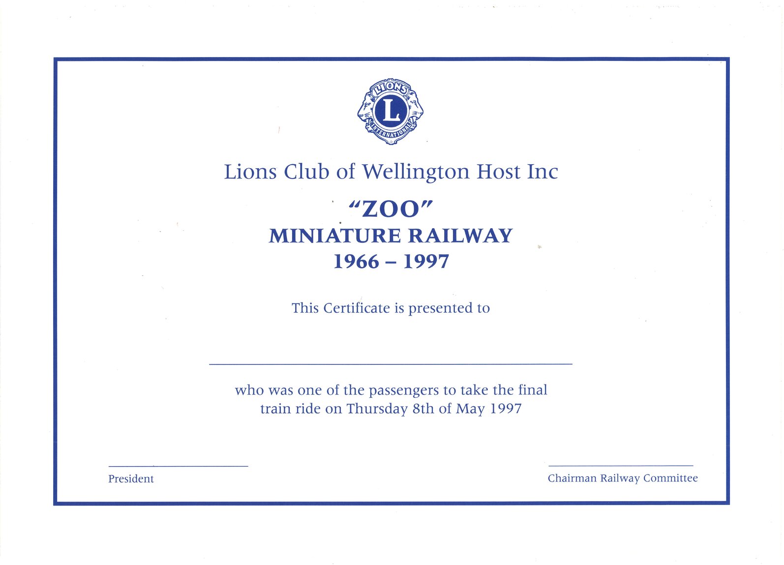 Zoo Miniature Railway, 1966-1997, certificate for passengers of final train ride 8 May 1997
