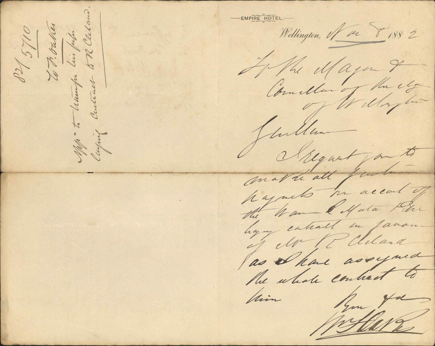 Application to transfer his pipe laying contract to R Cleland - W F Oakes