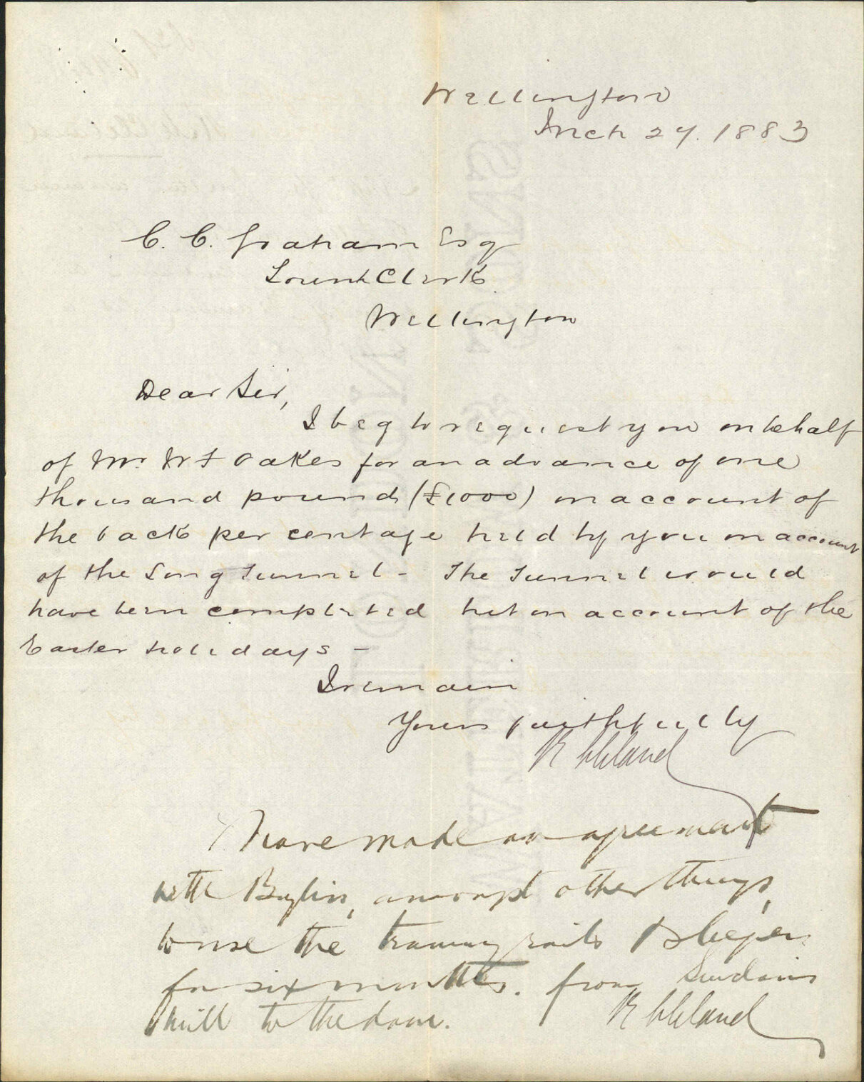 Application for further advance of &pound;1,000 in account of Oakes' long tunnel contract, also regarding use of tramway let to G H Bayliss