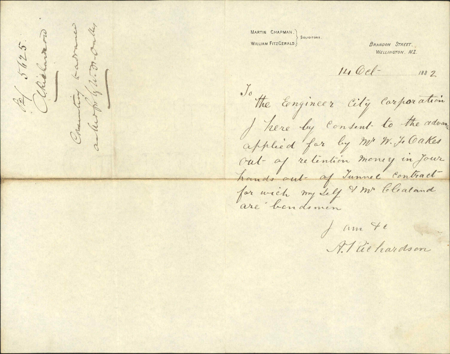 Consenting to advance asked for by W Oakes - N Richardson