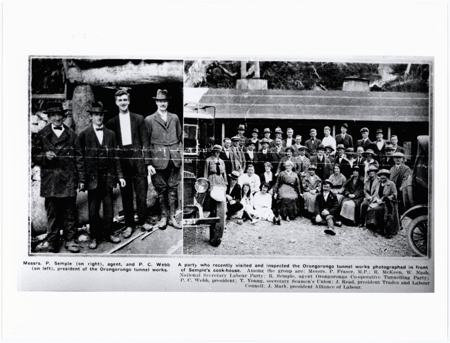 P Semple and P C Webb; Group in front of Semple's Cookhouse, Wainuiomata
