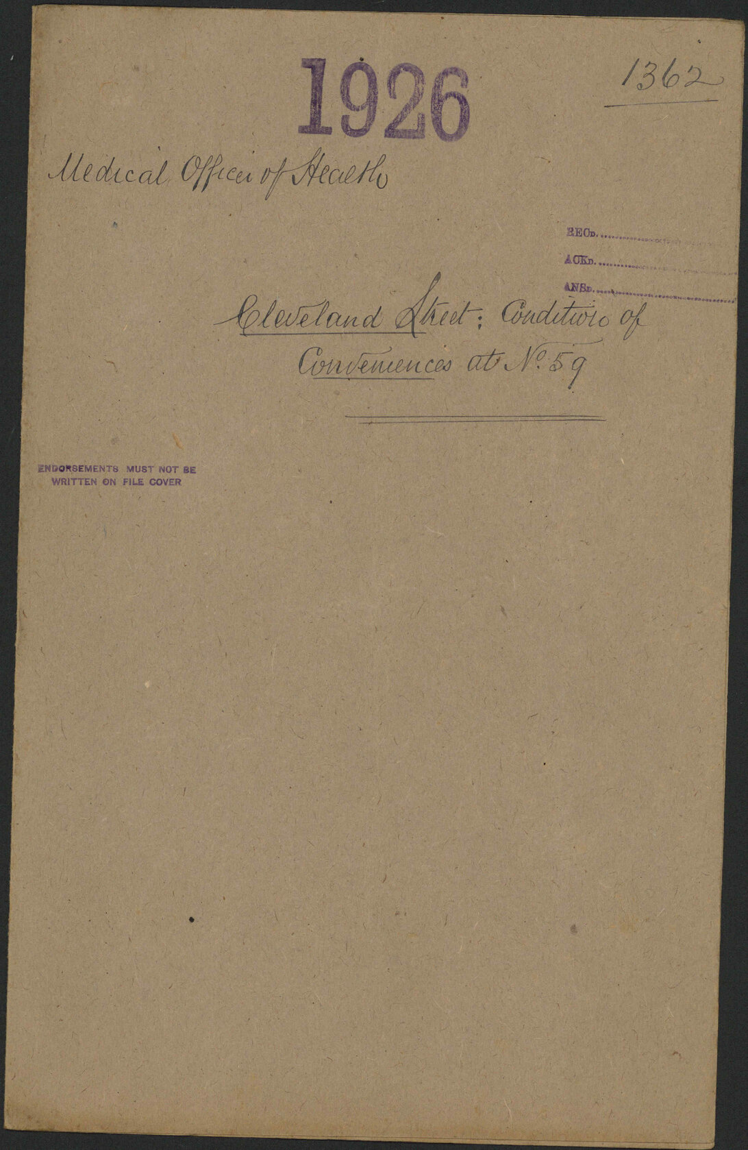 Cleveland Street, condition of convinces at number 59 - Medical Officer of Health