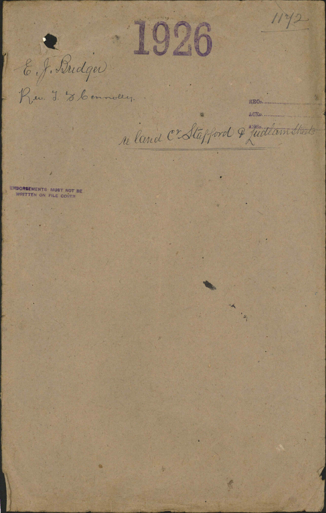 Land, corner Stafford and Ludlam Streets - E J Bridger, Reverend T Connolly