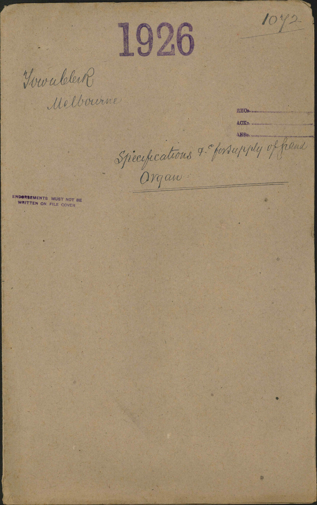 Specifications and tenders for supply of grand organ - Town Clerk Melbourne