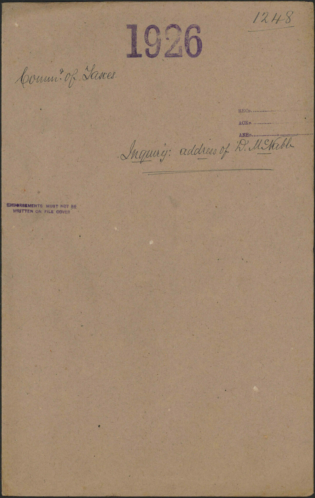 Inquiry, address of D McNabb - Commissioner of Taxes
