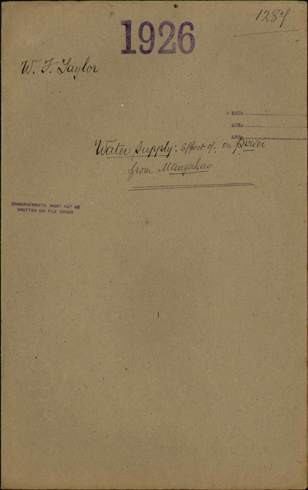Water supply, effect of on power from Mangahao - W F Taylor