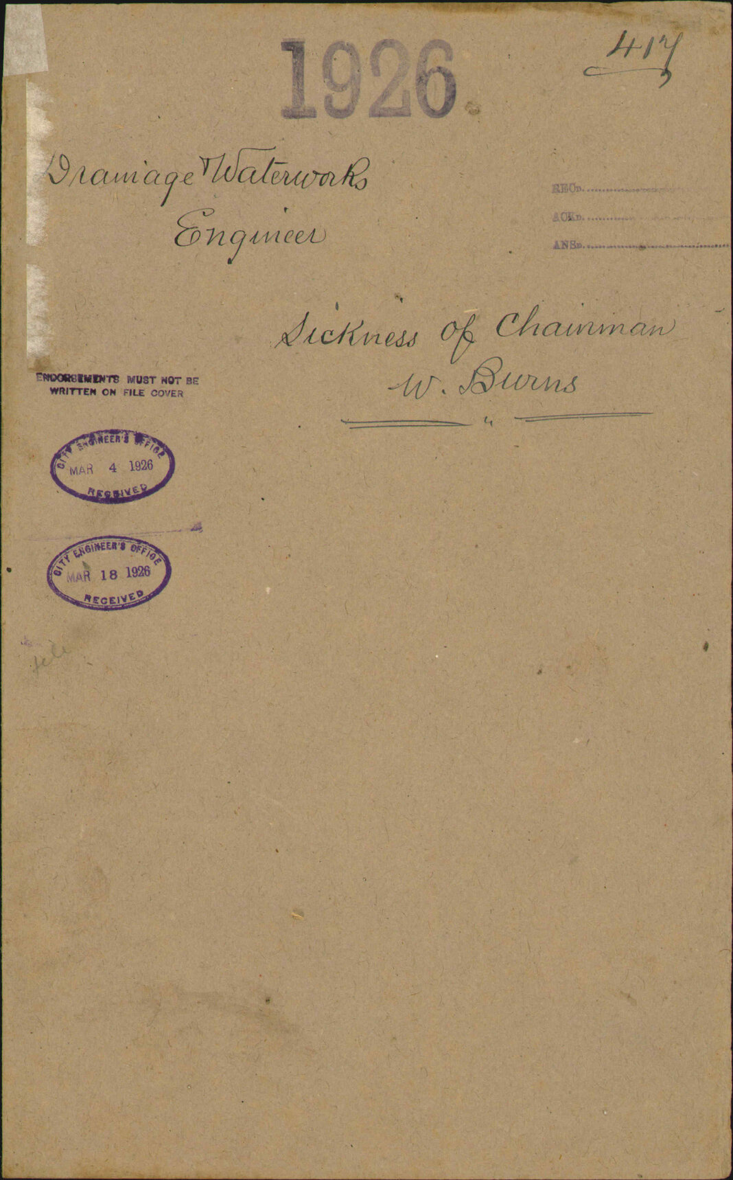 Sickness of chainman W Burns - Drainage Waterworks Engineer