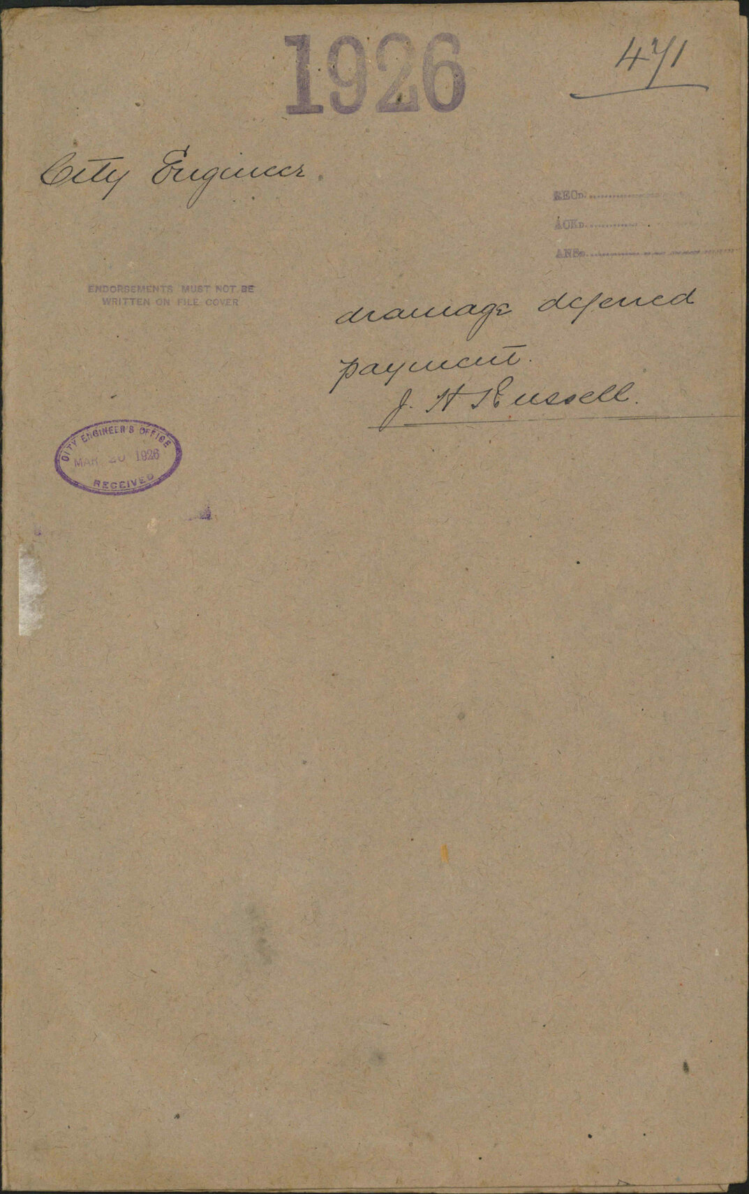 Drainage deferred payment, J H Russell - City Engineer
