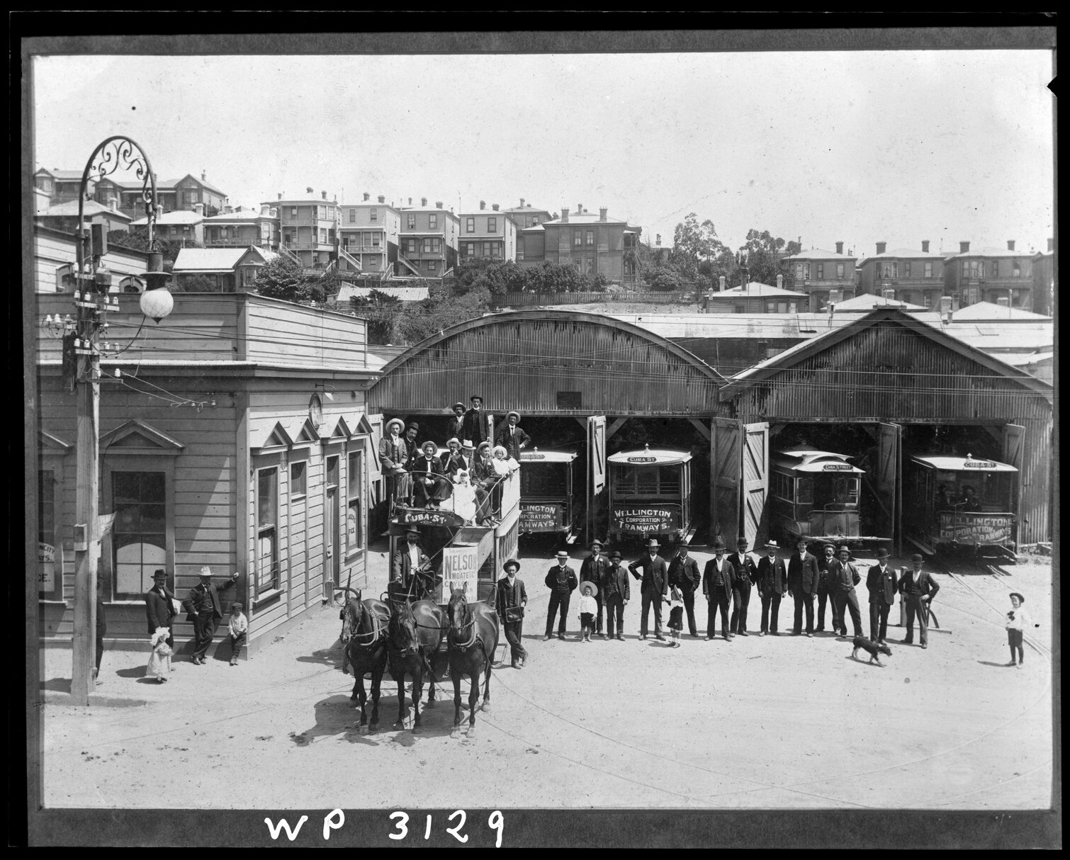 The Cuba Street tram outside Wellington Corporation Tramways barns, Drummond Street, Newtown