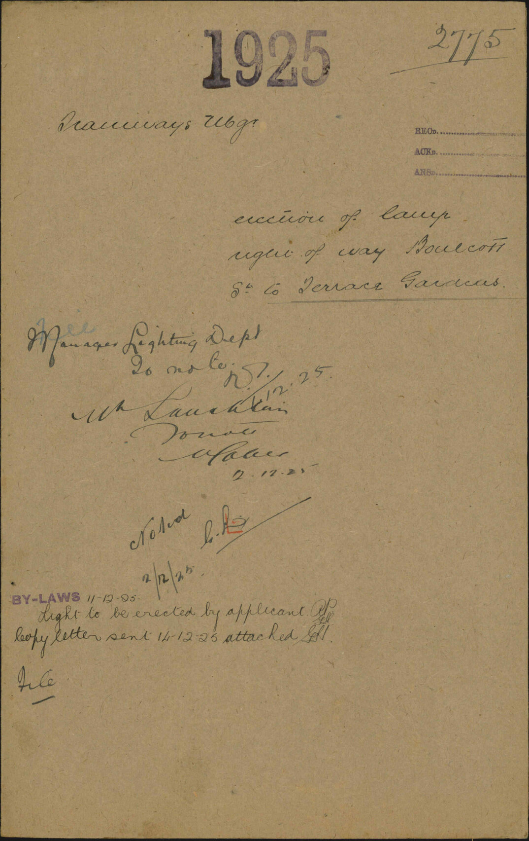 Erection of lamp in right of way Boulcott Street to Terrace Gardens - Tramways Department
