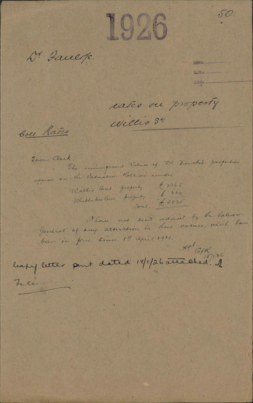 Rates on property Willis Street - Dr Faulke
