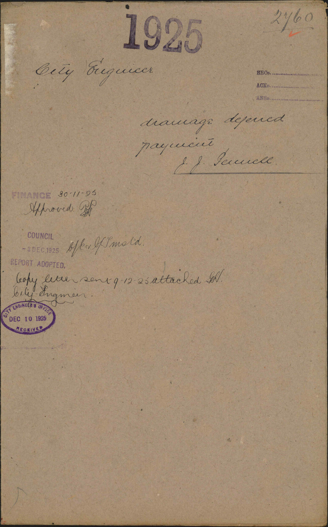 Drainage deferred payment, J J Pennell - City Engineer