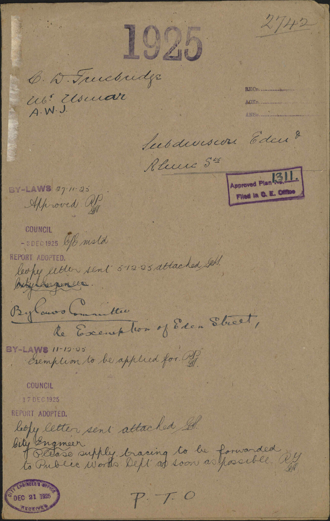 Subdivision Eden and Rhine Streets - C D Truebridge, Mr Usmer, A W J