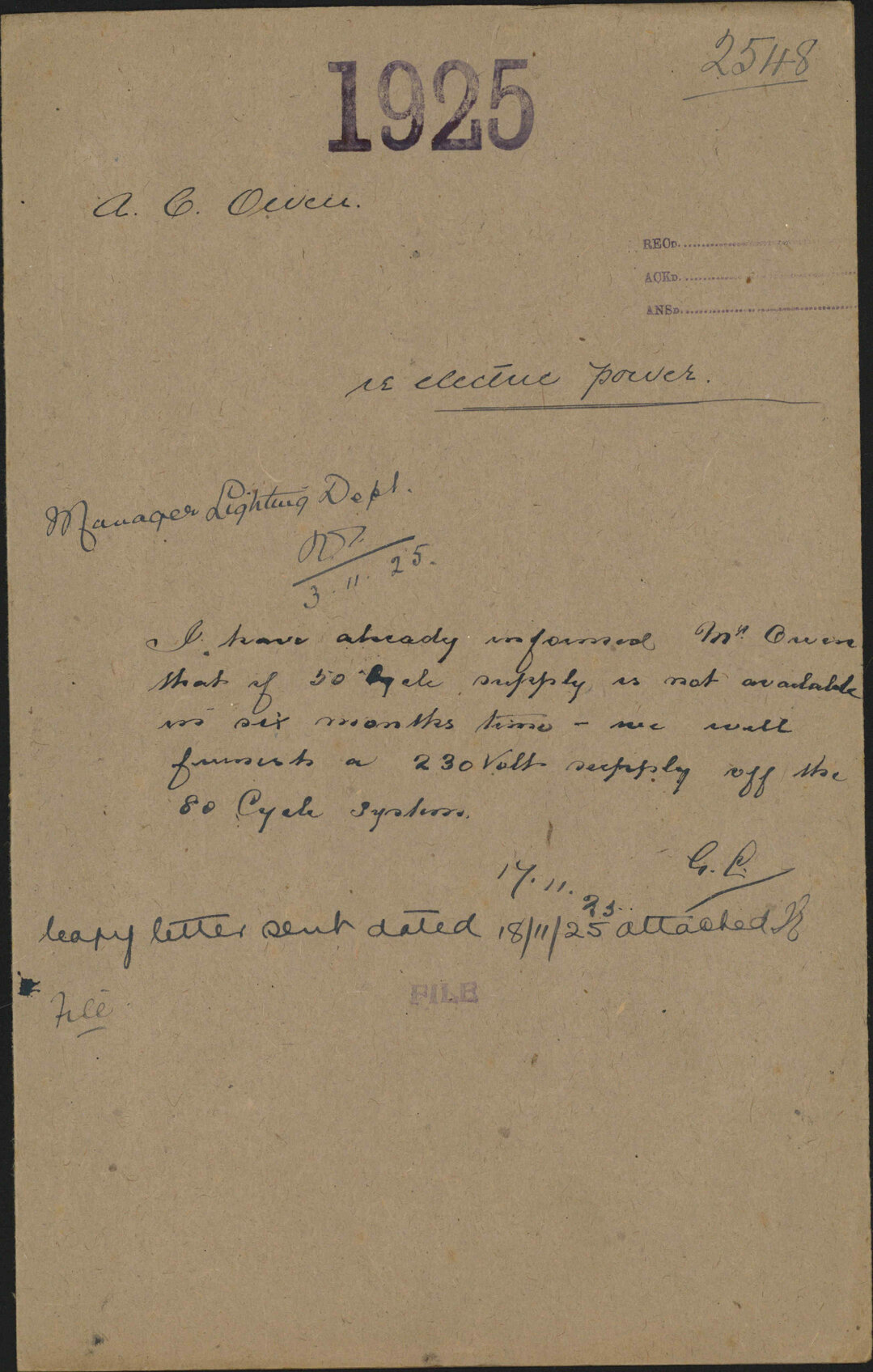 Regarding electric power - A C Owen