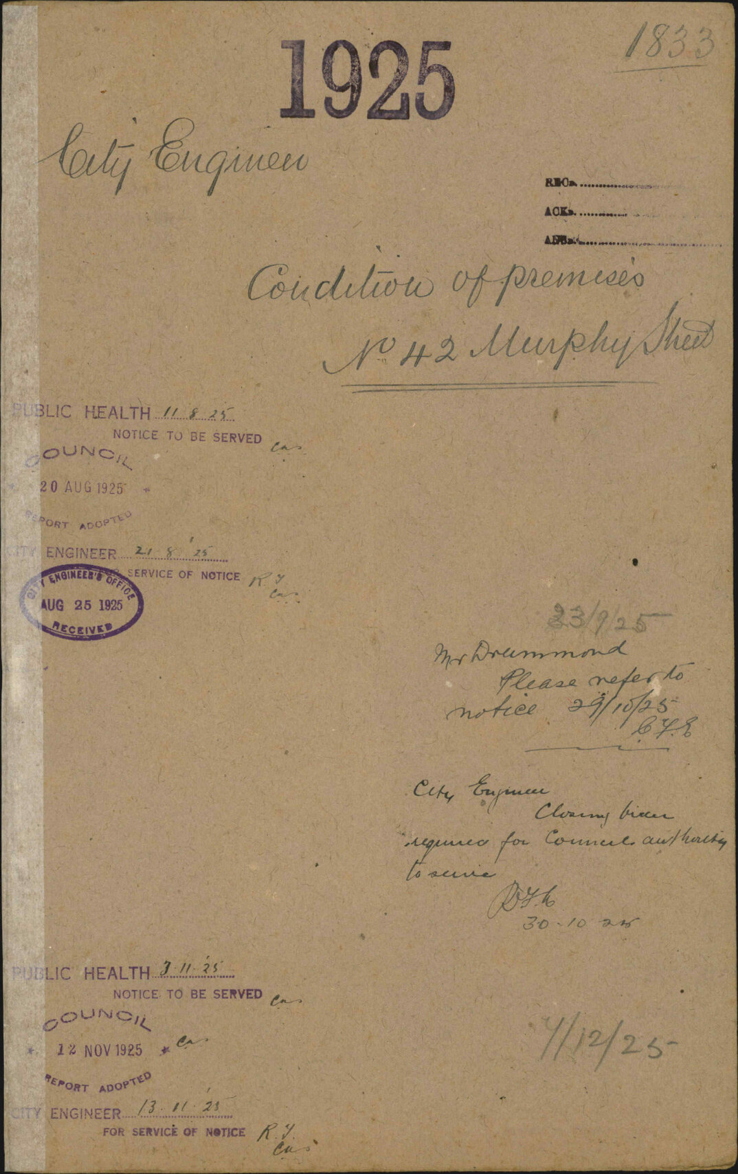 Condition of premises, No 42 Murphy Street - City Engineer