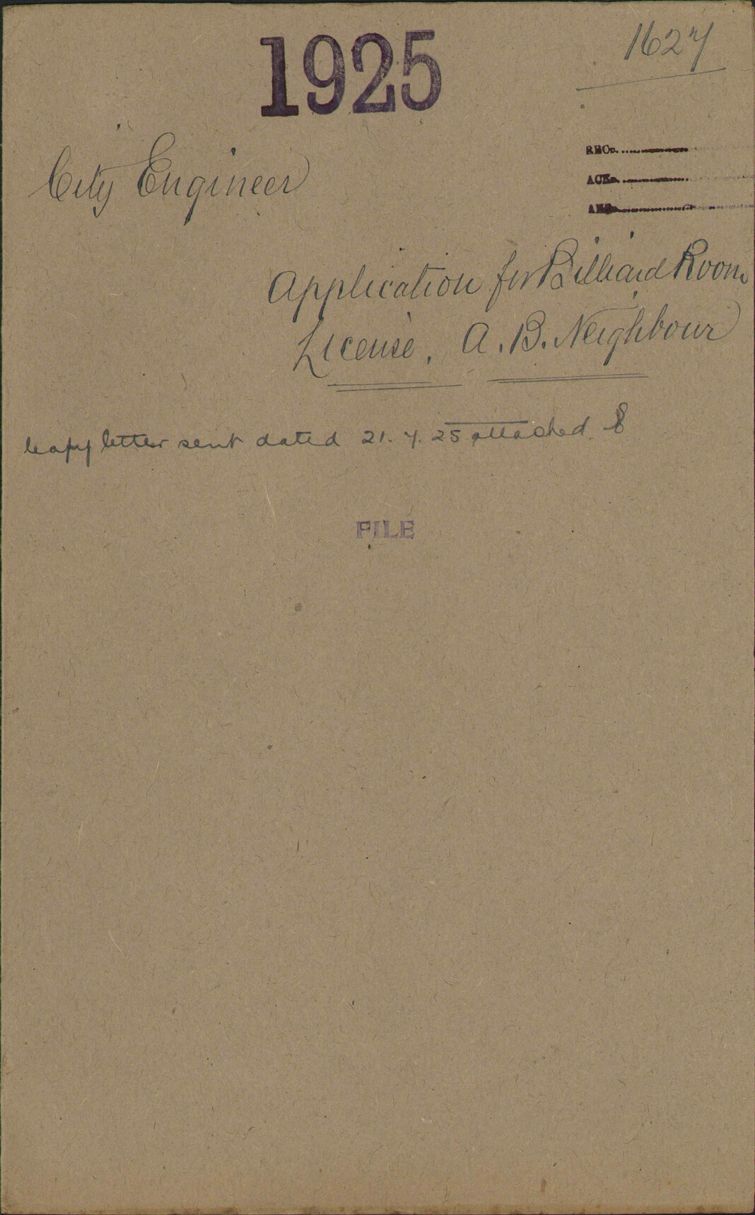 Application for billiard room license, A B Neighbour - City Engineer
