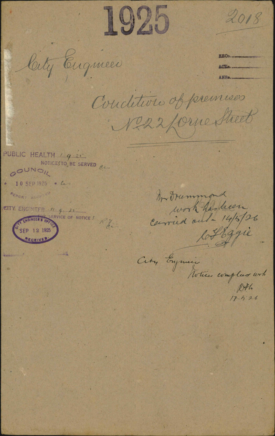 Condition of premises, 22 Lorne Street - City Engineer