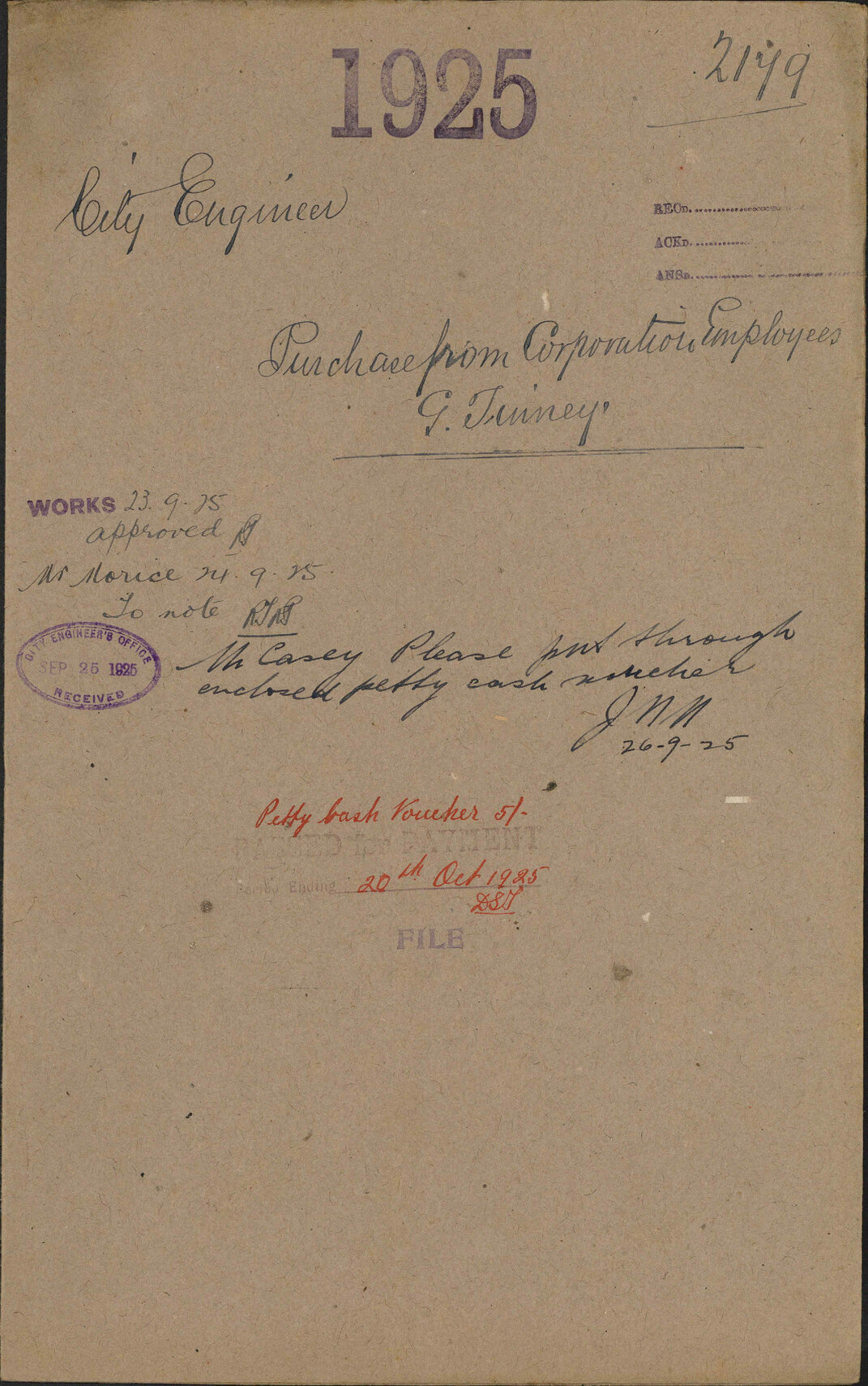 Purchase from corporation employee G Tinney - City Engineer
