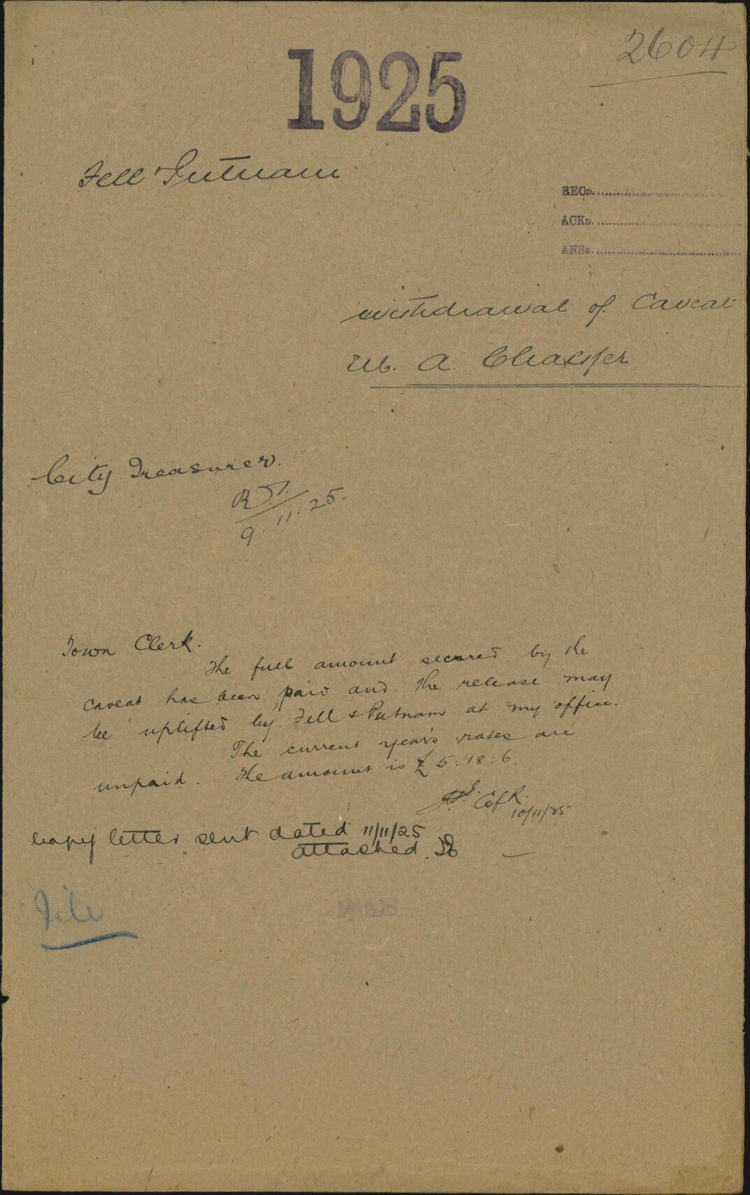Withdrawal of Caveat, M A Chalker - Fell and Putnam