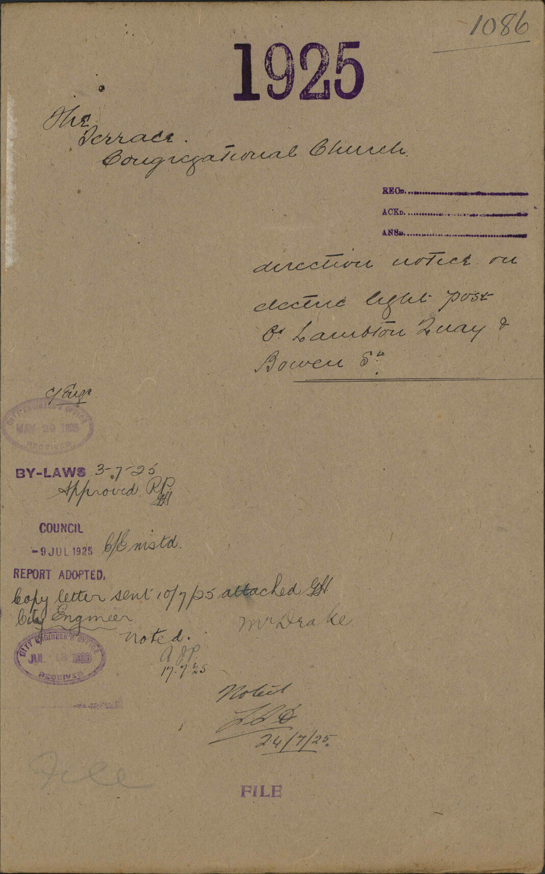 Direction notice on electric light post, corner Lambton Quay and Bowen Street - The Terrace Congregational Church