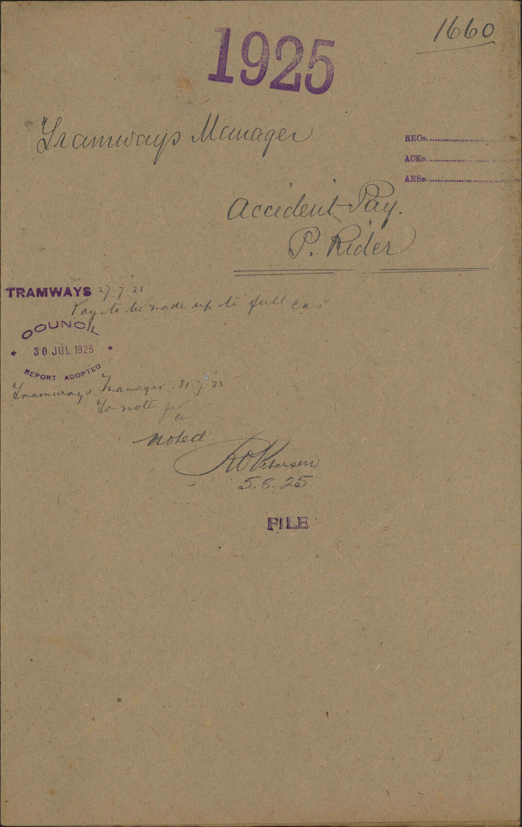 Accident pay, P Rider - Tramways Manager