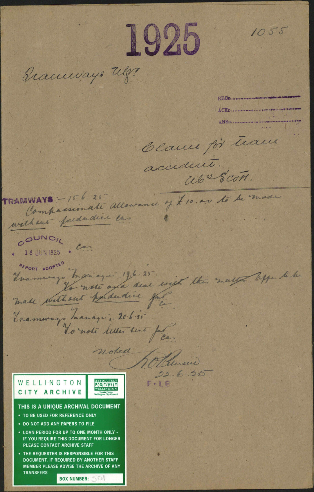 Claim for tram accident, Mrs Scott - Tramways Manager