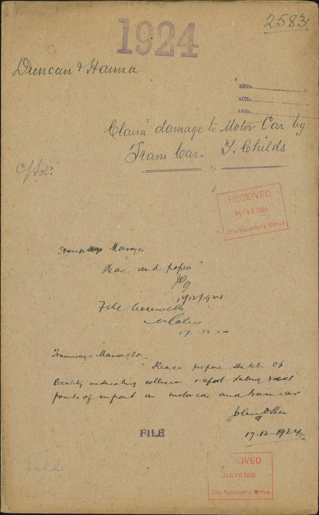Claim damage to motor car by tram car, T Childs - Duncan and Hanna