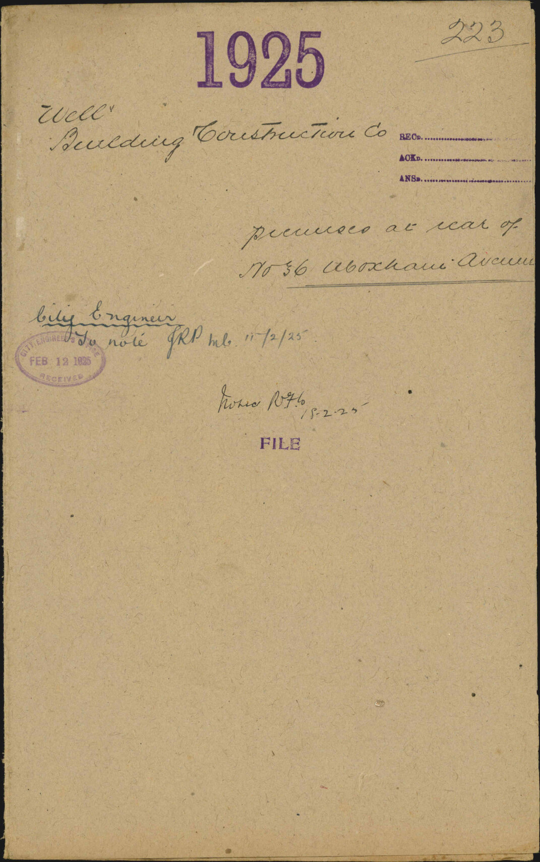 Premises at rear of No 36 Moxham Avenue - Wellington Building and Construction Company