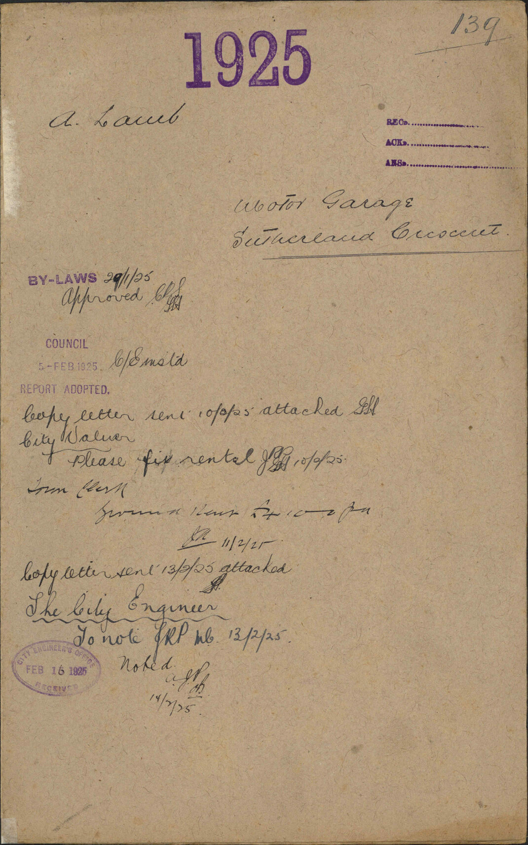 Motor garage, Sutherland Crescent - A Lamb
