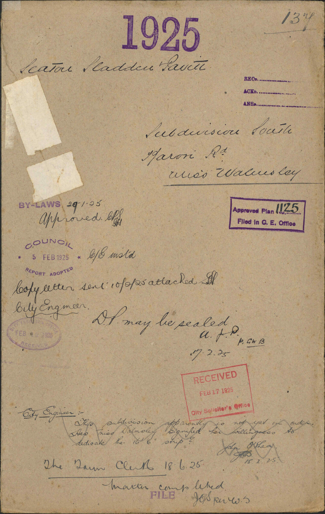Subdivision, South Karori Road, Miss Walmsley - Seaton, Sladden and Pavitt