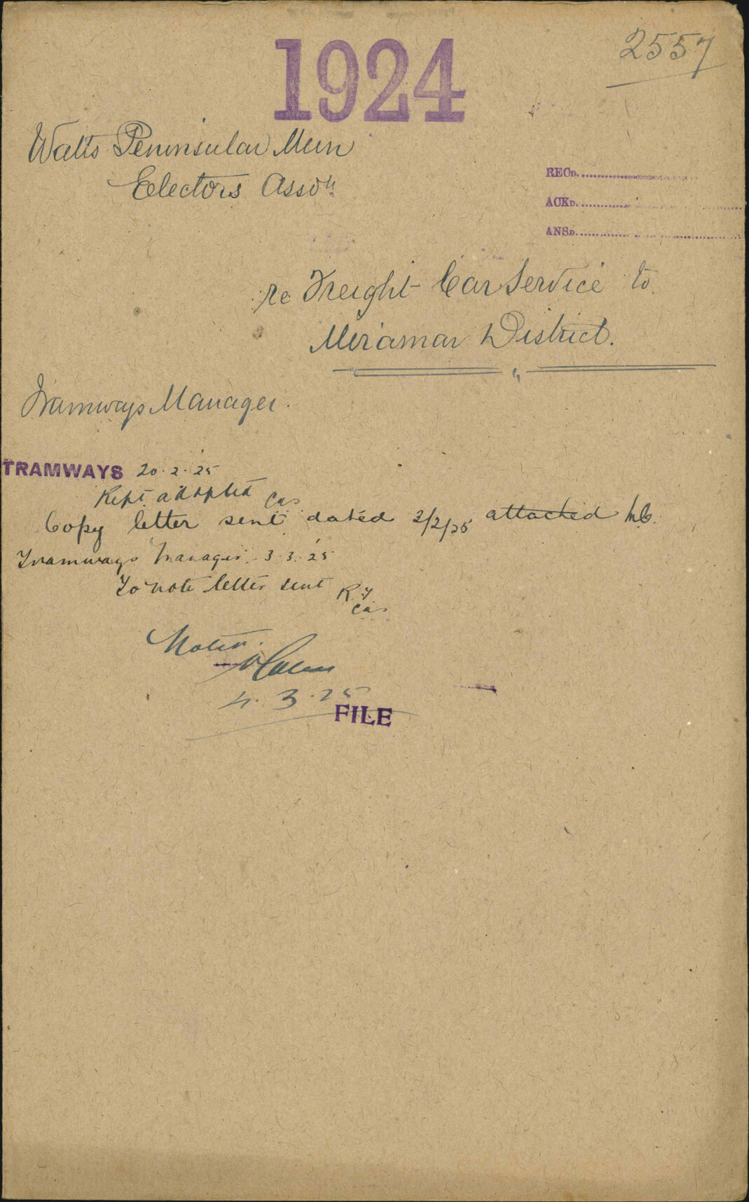 Re freight car service to Miramar District - Watts Peninsula Municipal Electors' Association
