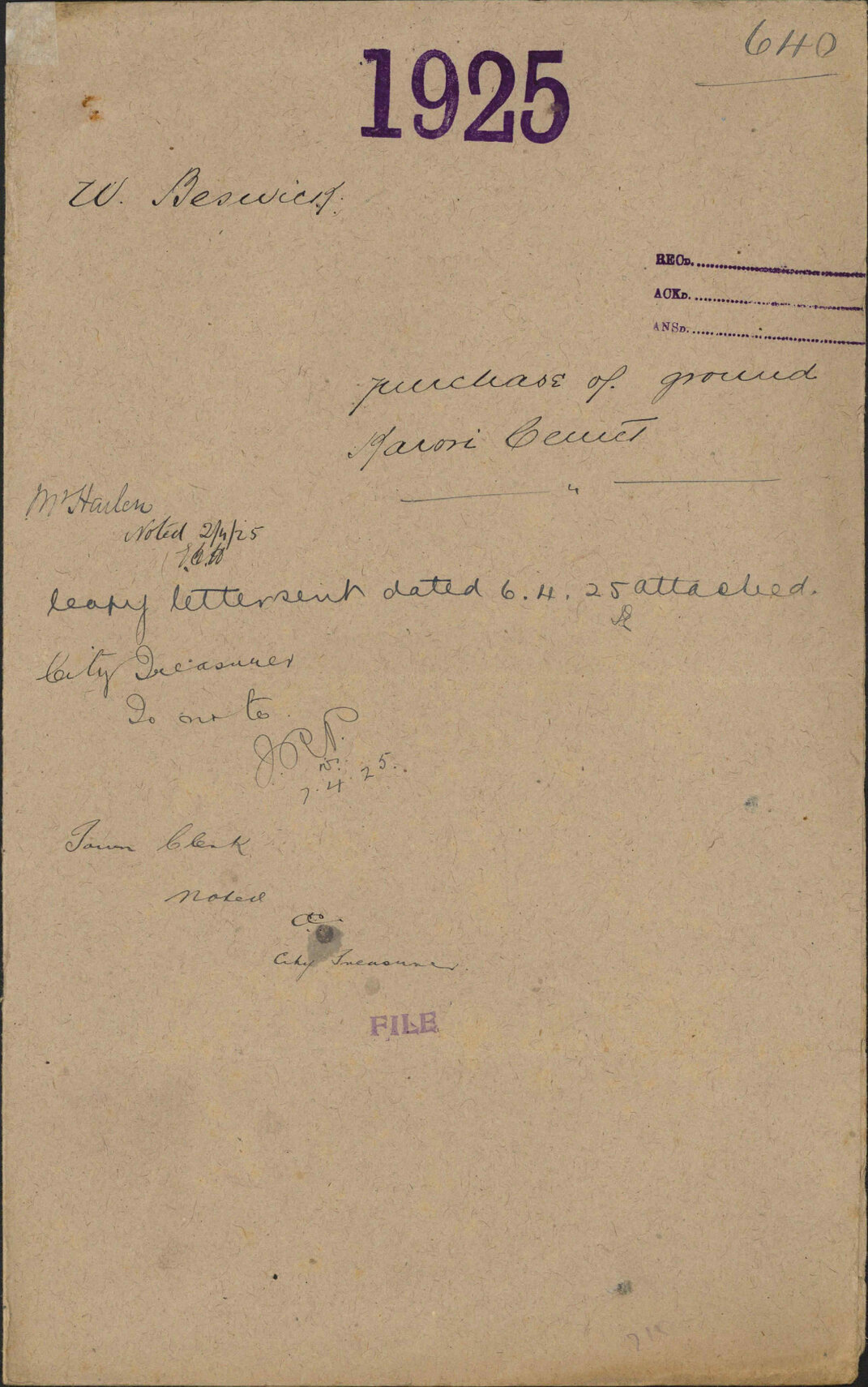 Purchase of ground, Karori Cemetery - W Beswick