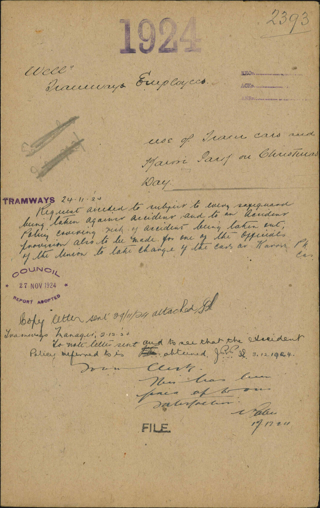 Use of tram cars and Karori Park on Christmas Day - Wellington Tramways Employees
