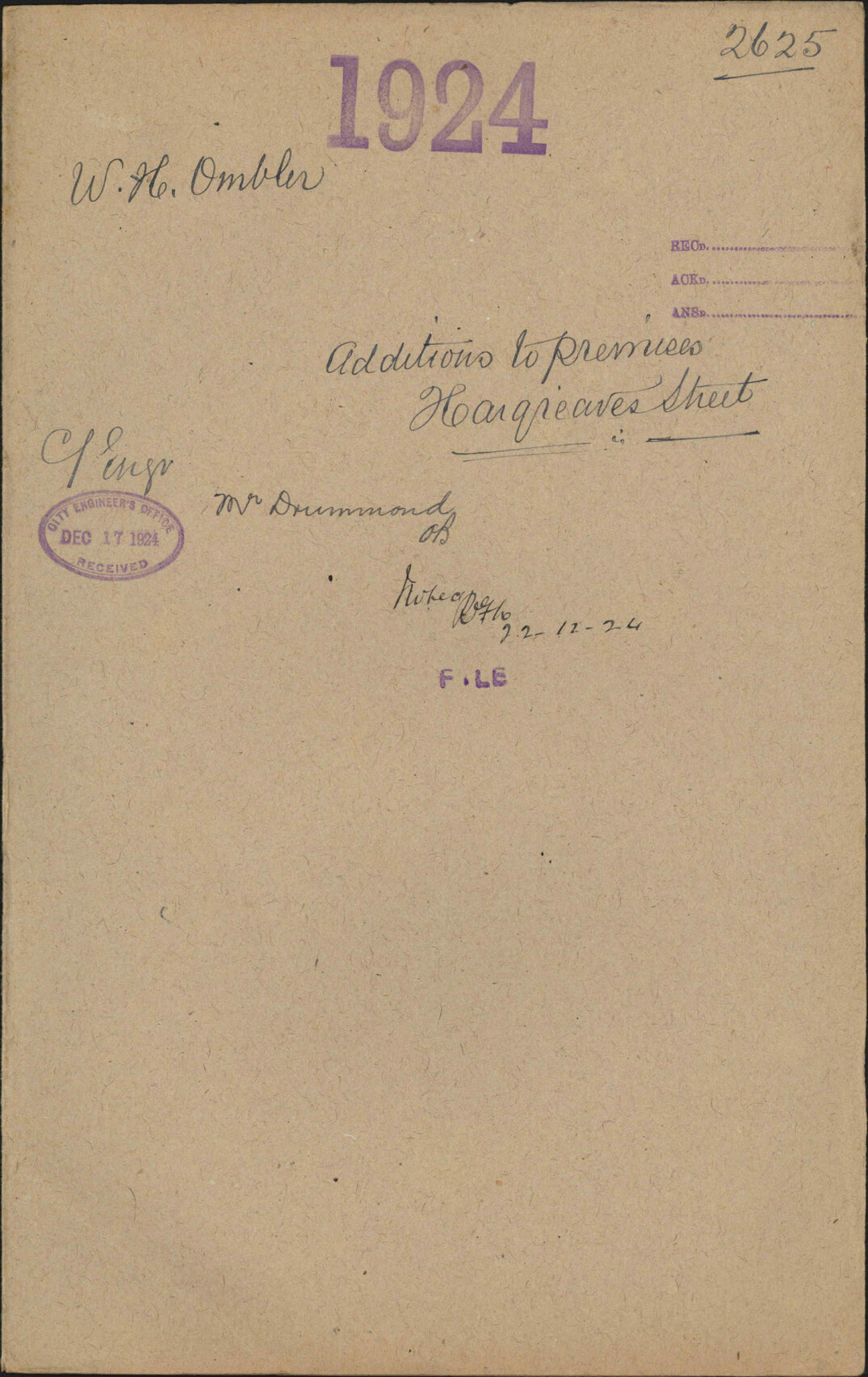 Additions to premises, Hargreaves Street - W H Ombler