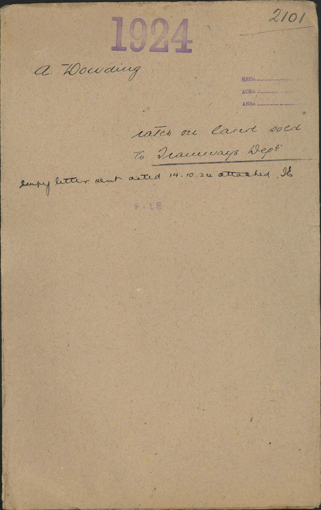 Rates on land sold to Tramways Department - A Dowding