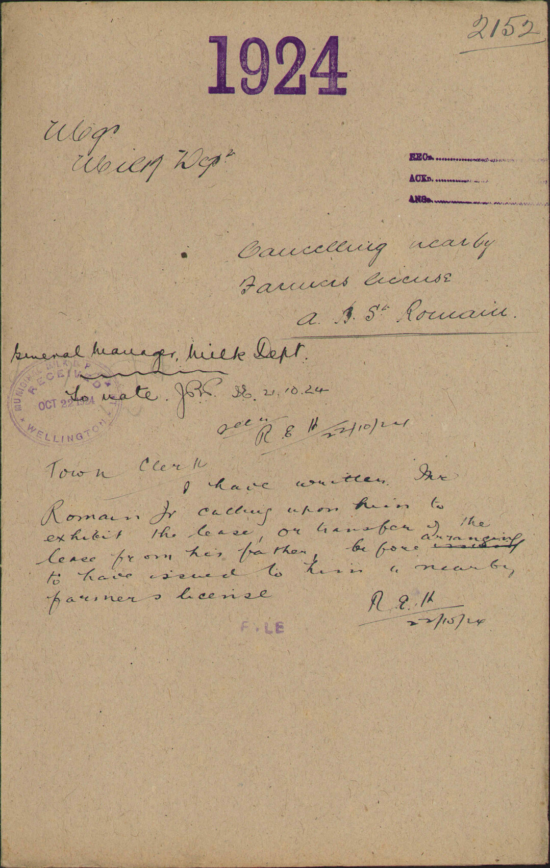 Cancelling nearby farmer's license, A B St Romain - Manager Milk Department