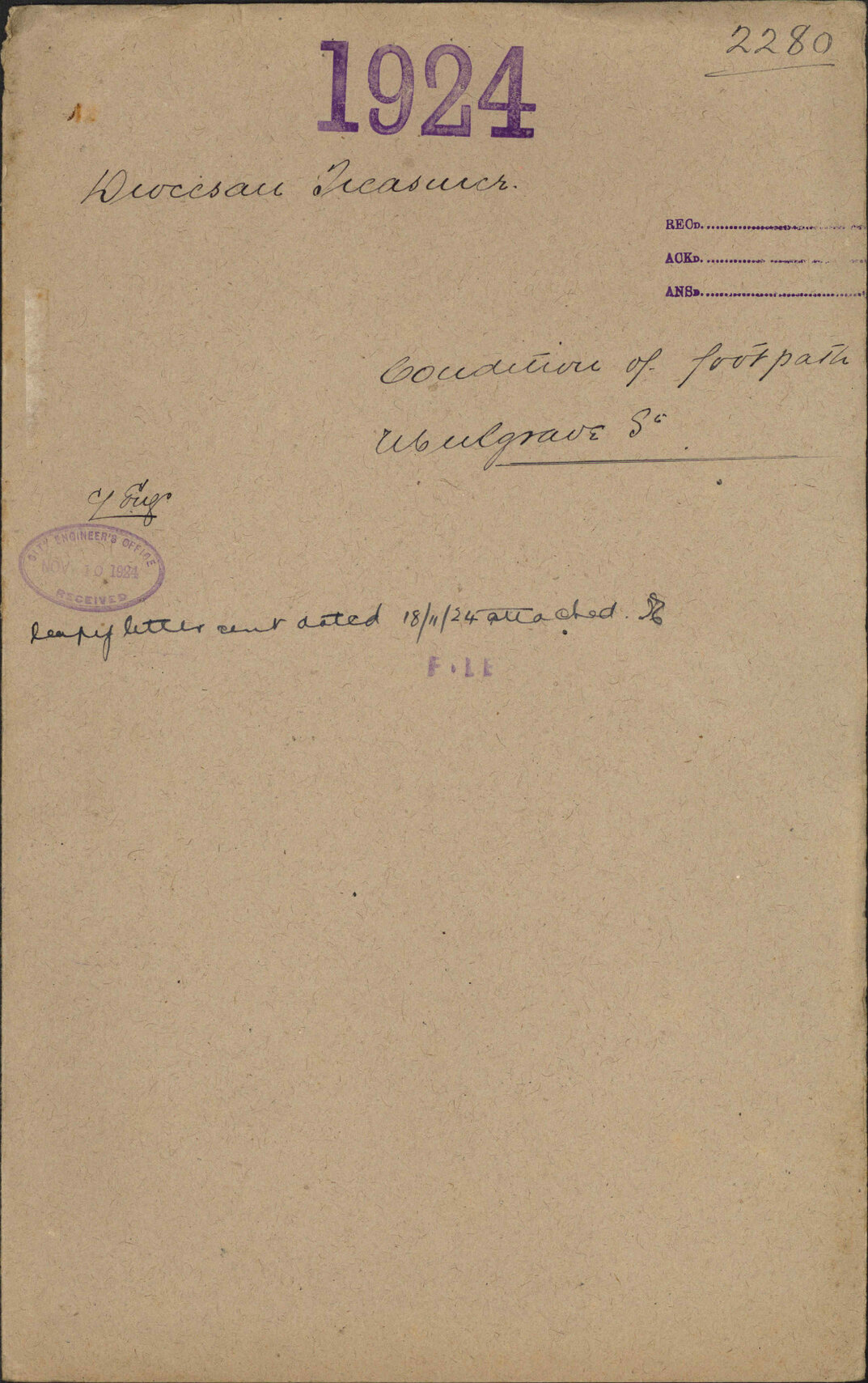 Condition of footpath, Mulgrave Street - Diocesan Treasurer