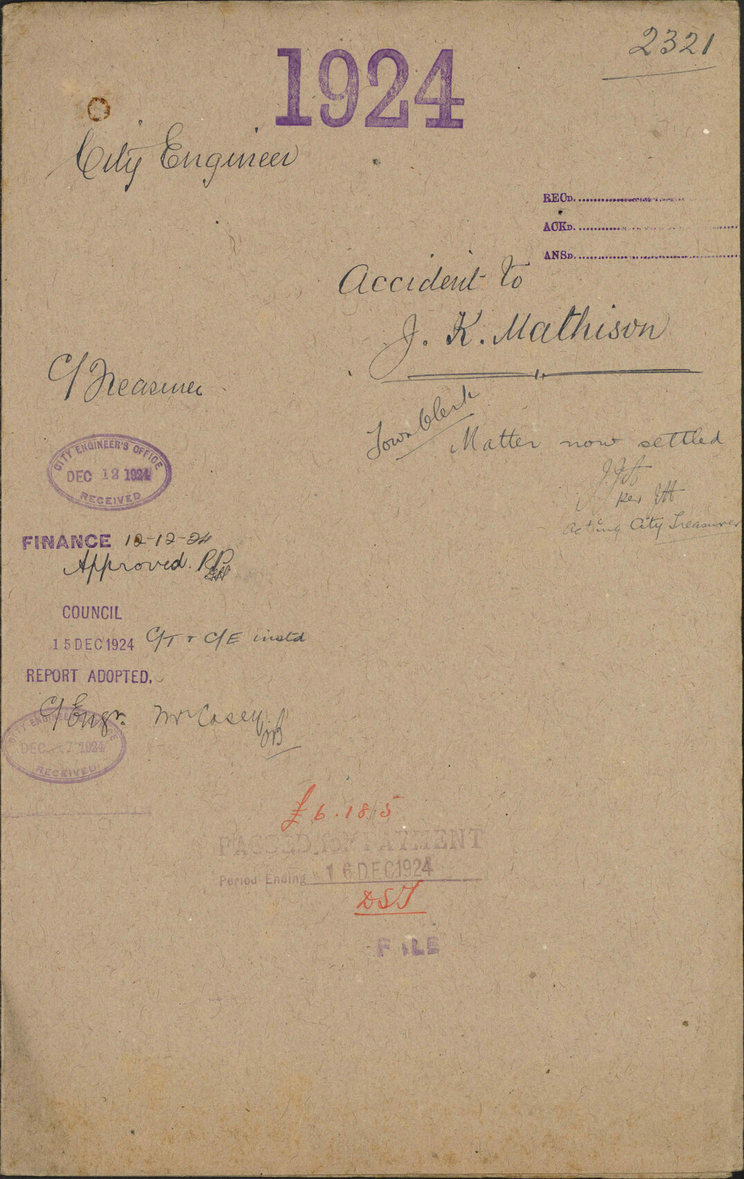 Accident to J K Mathison - City Engineer