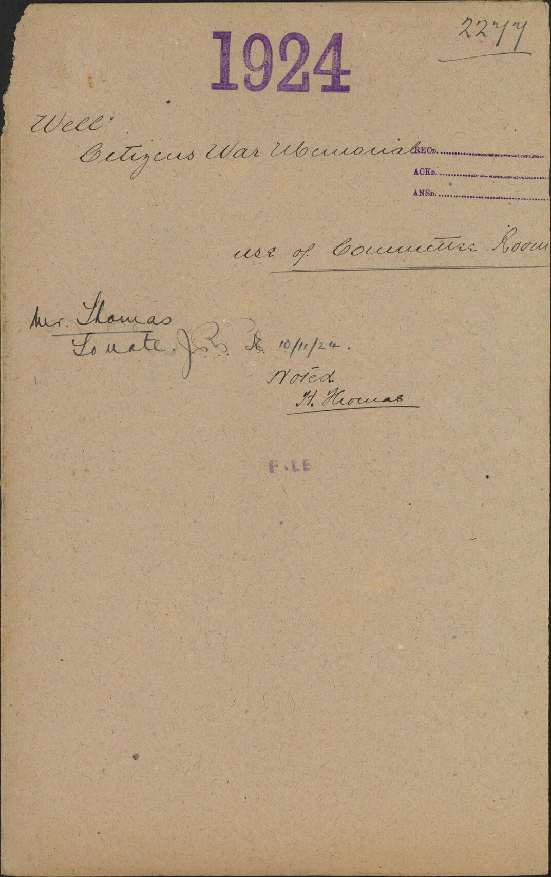 Use of Committee Room - Wellington Citizens' War Memorial