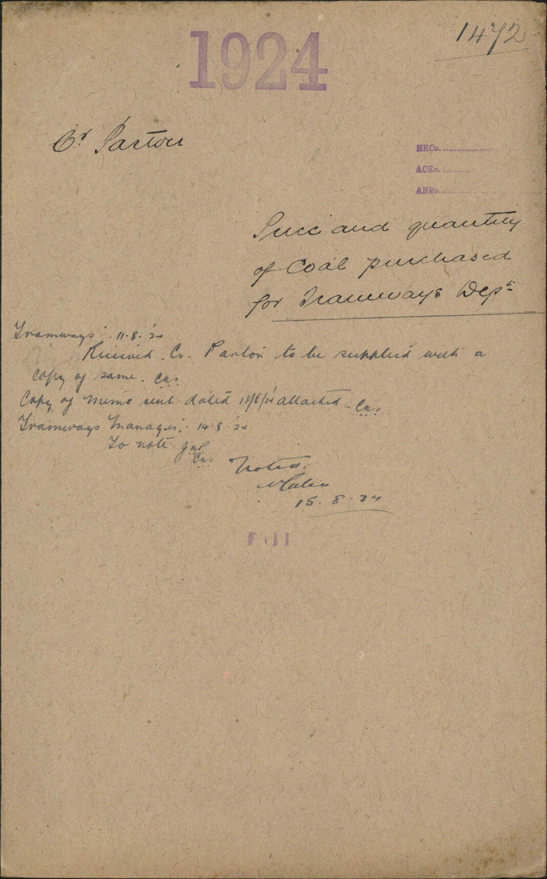 Price and quantity of coal purchased for Tramways Department