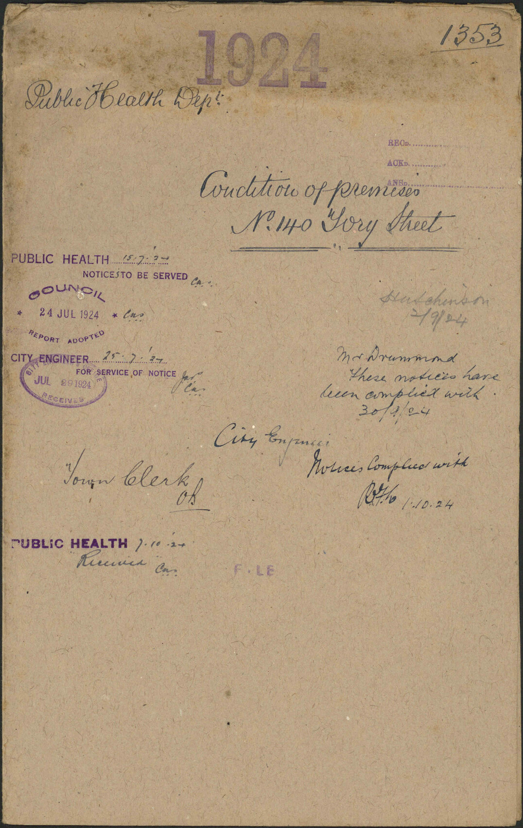 Condition of premises, No 140 Tory Street - Public Health Department