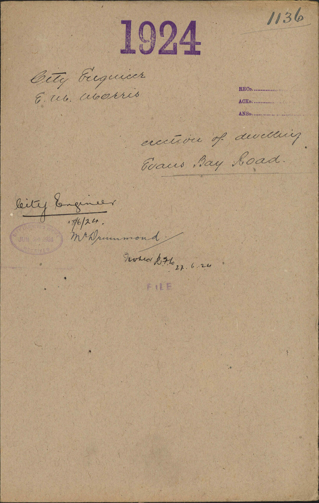 Erection of dwelling, Evans Bay Road - City Engineer, E M Morris
