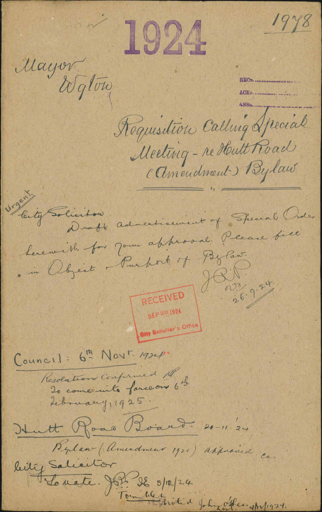 Requisition calling special meeting re Hutt Road (Amendment) Bylaw - Mayor of Wellington