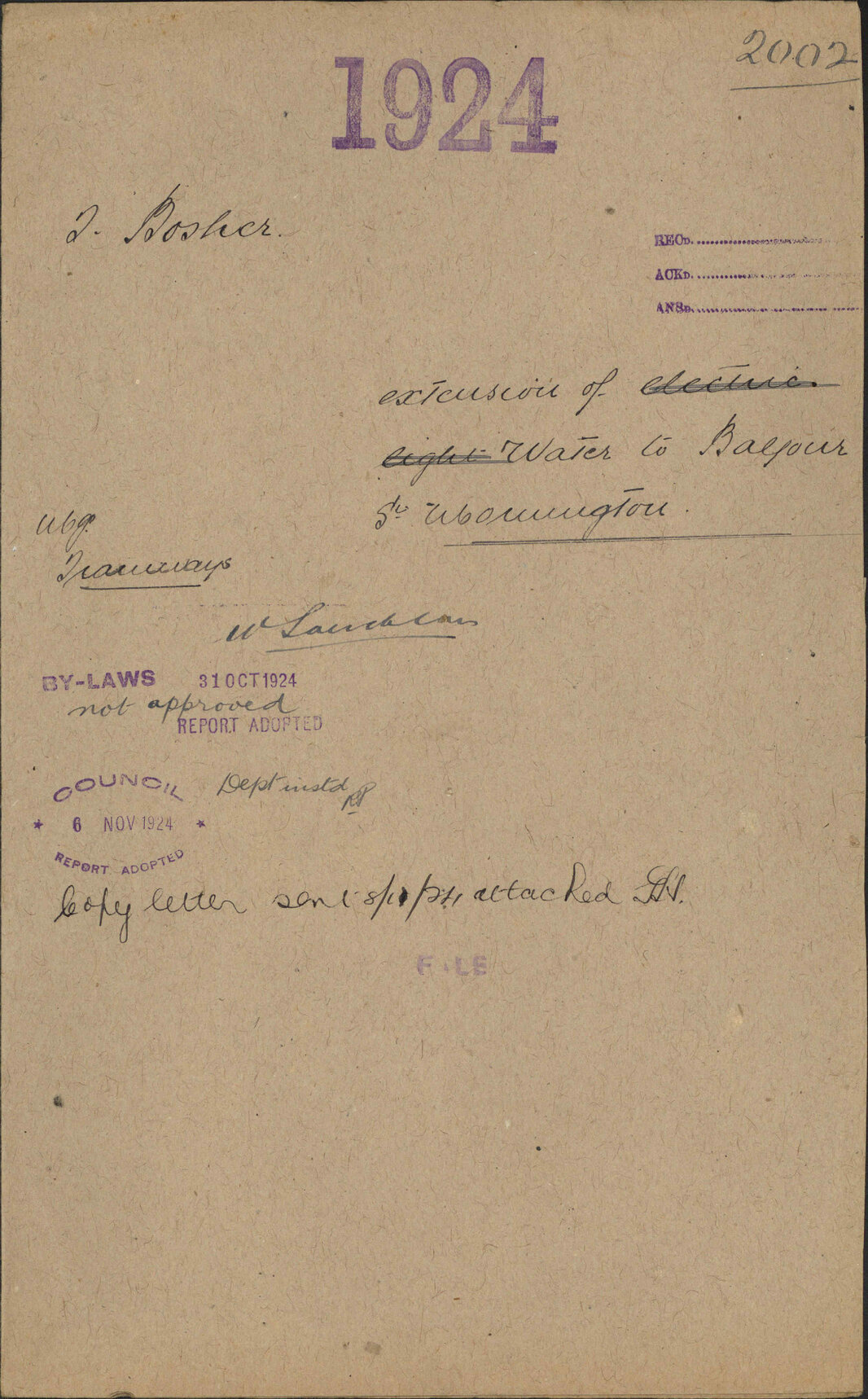 Extension of water to Balfour Street, Mornington - T Bosher