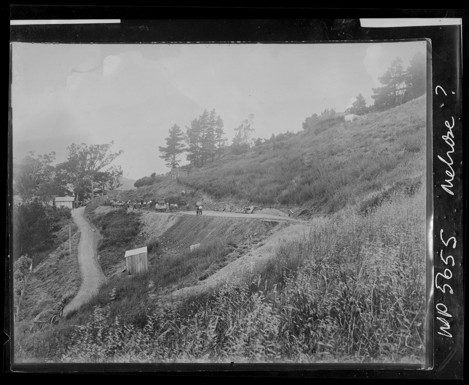 Workmen cutting tracks in hillside in reserve area, Melrose