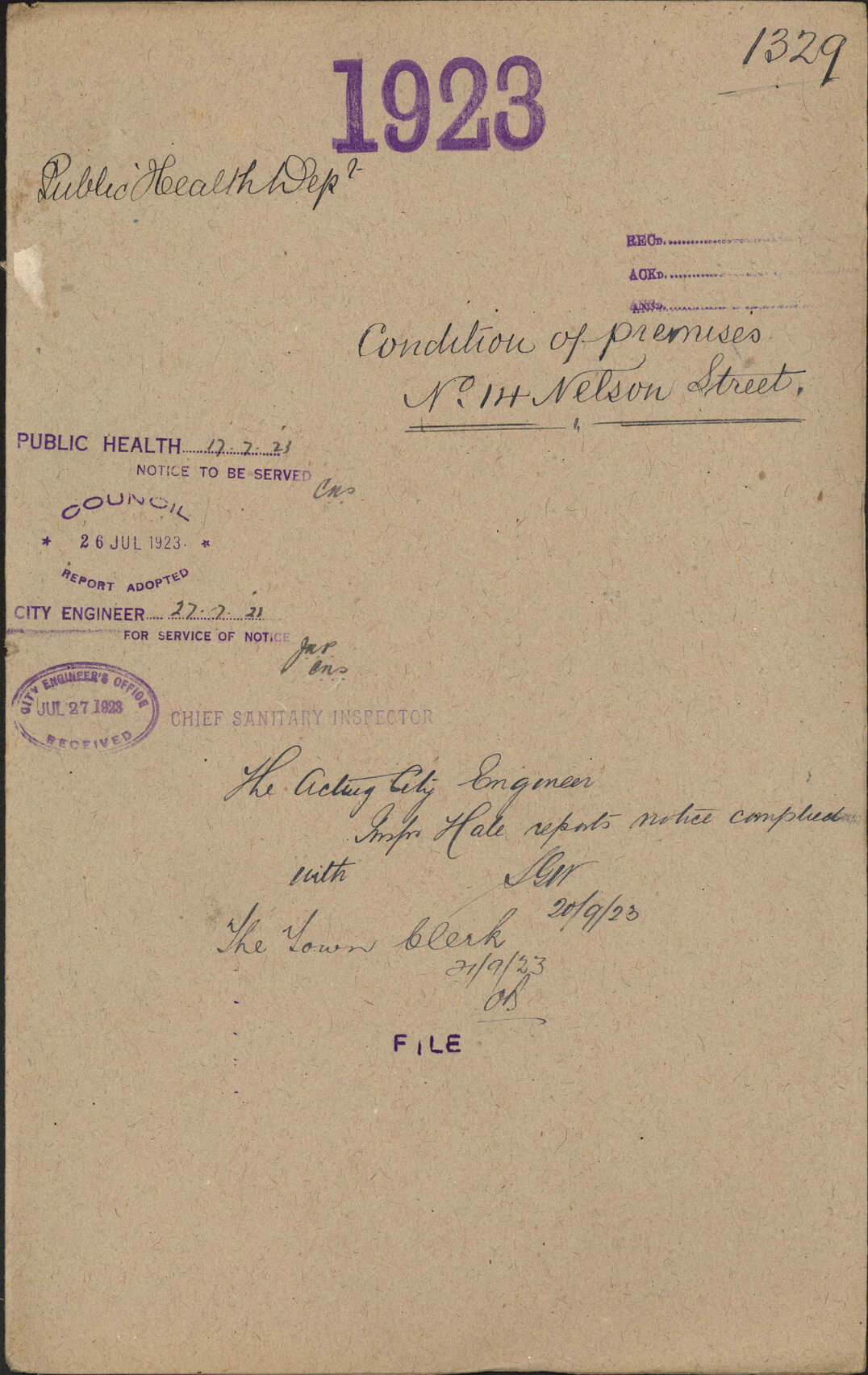 Condition of premises, No 14 Nelson Street - Public Health Department