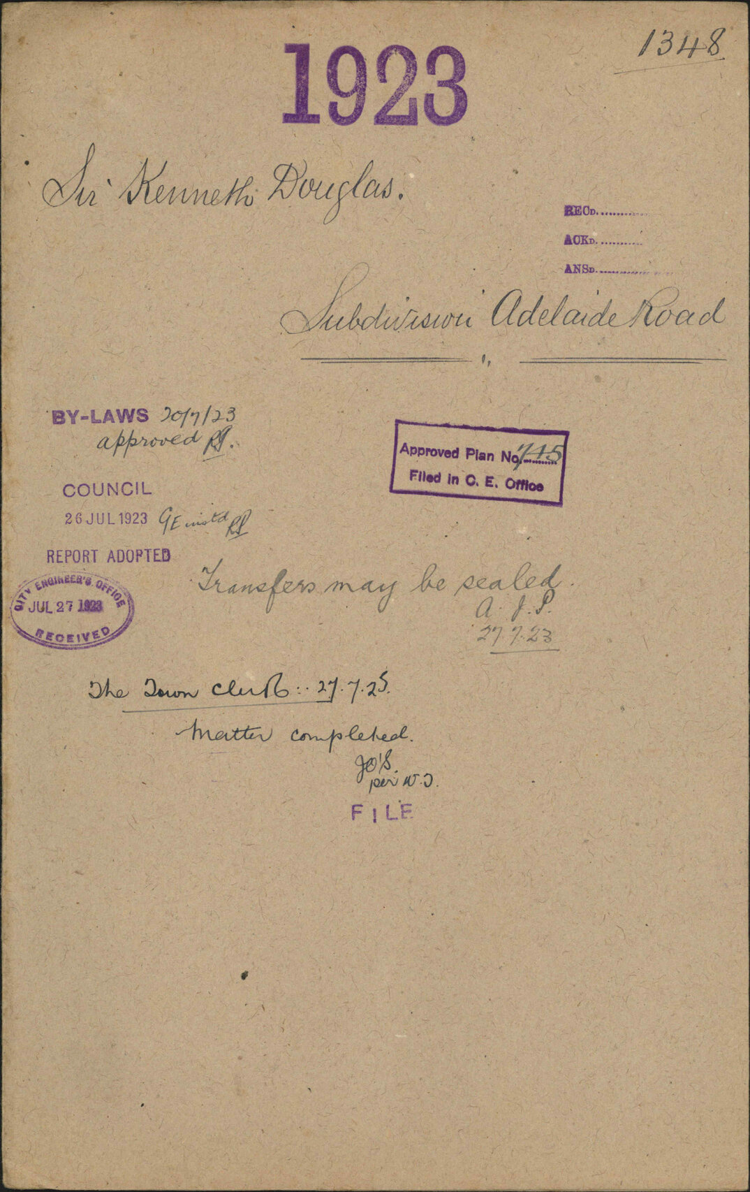 Subdivision, Adelaide Road - Sir Kenneth Douglas
