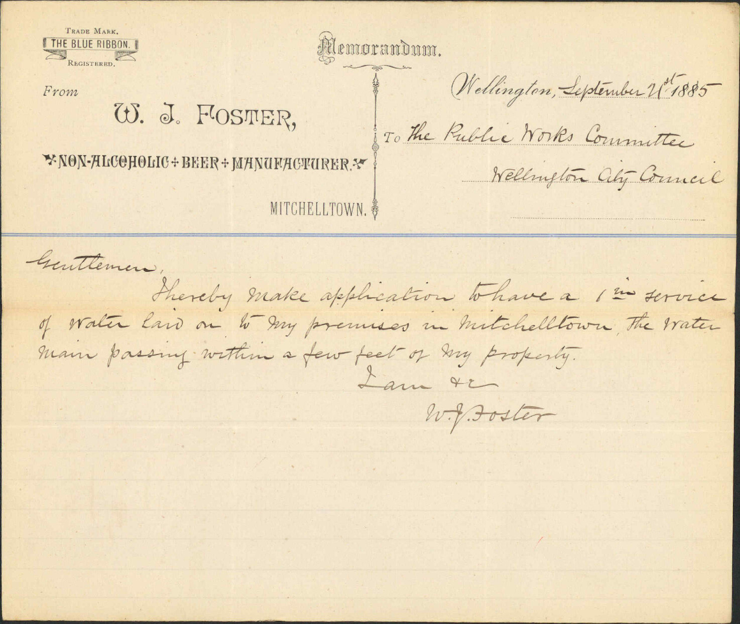 Application for water at Mitchelltown - W J Foster