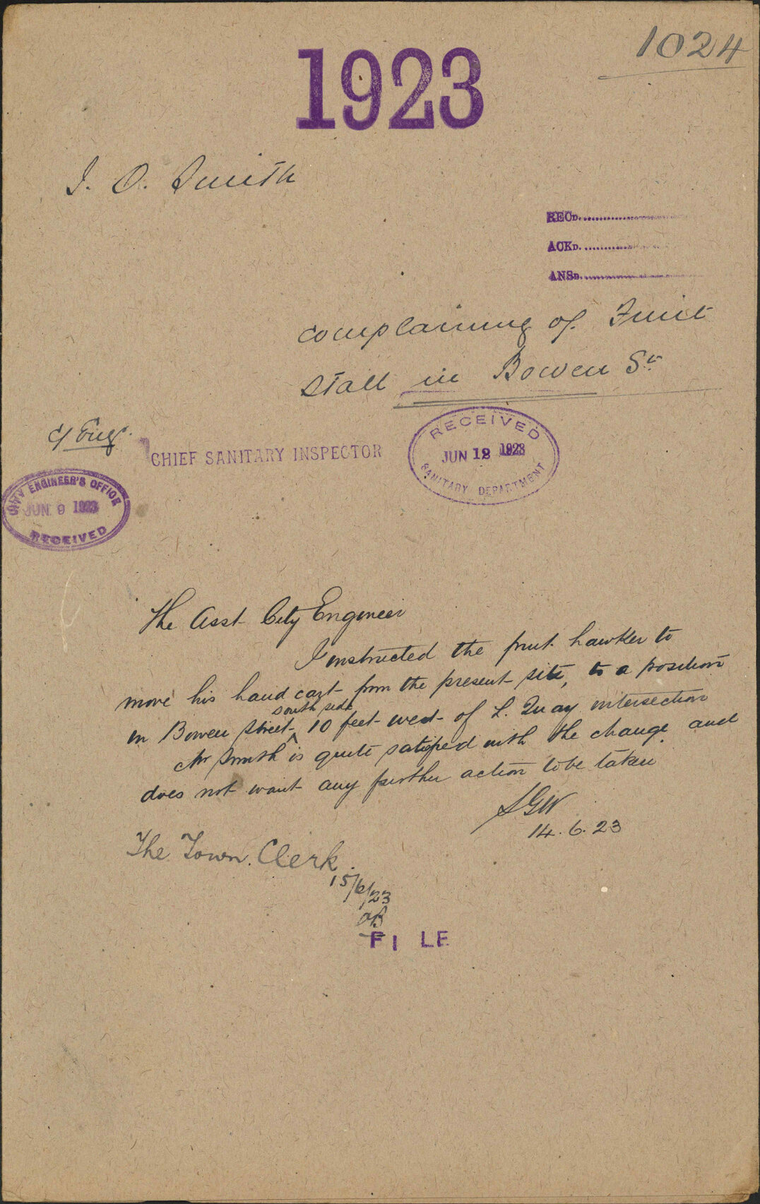Complaining of fruit stall in Bowen Street - J O Smith