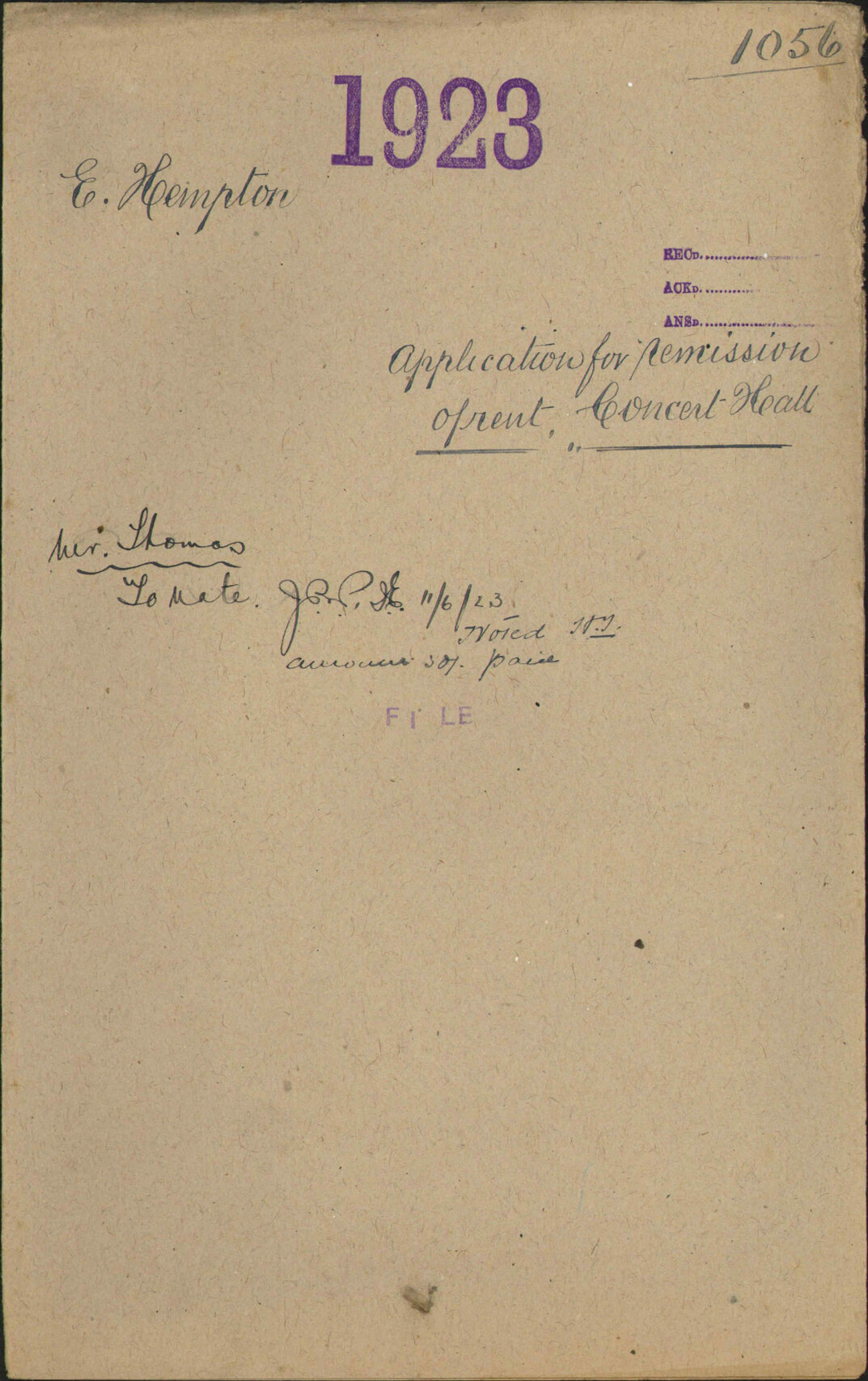Application for remission of rent, Concert Hall - E Hempton